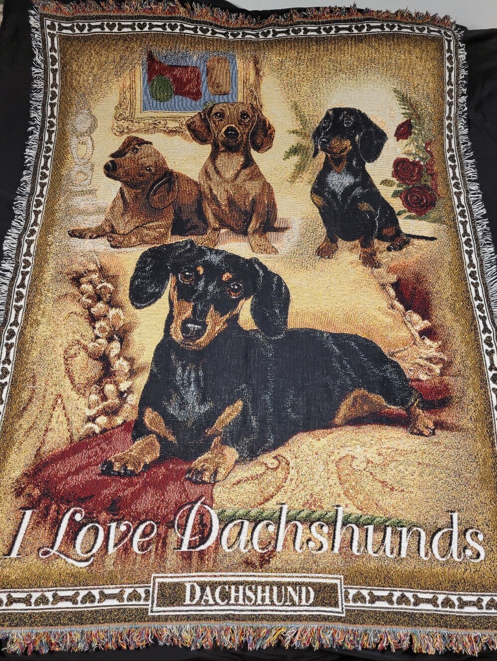 Vintage Danbury Mint "I Love Dachshunds" Woven Tapestry Throw Blanket